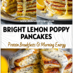A fluffy stack of Lemon Poppy Seed Pancakes topped with lemon curd and poppy seeds on a bright plate.